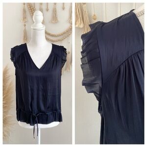 Banana Republic navy blue top ruffle sleeve cinch waist satin sleeveless M